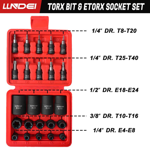 Torx Bit And Female External Socket Set 24 Pieces Includes Torx Star Bits T8 Through T40 And Female E Torx Sockets E4 Through E24 One Quarter Inch, Three Eighths Inch And One Half Inch Drives Chrome Vanadium With Mini Storage Box displayed in red case