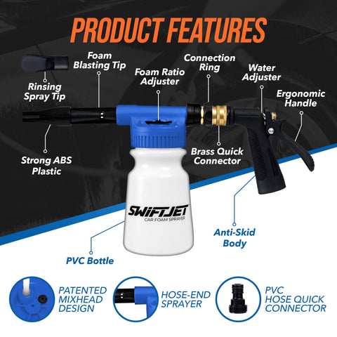 Pro Grade Foam Cannon Car Wash Sprayer With Microfiber Wash Mitt 6 Foam Settings And Rinse Hose End Foam Sprayer Kit for At Home Detailing featuring a blue foam gun