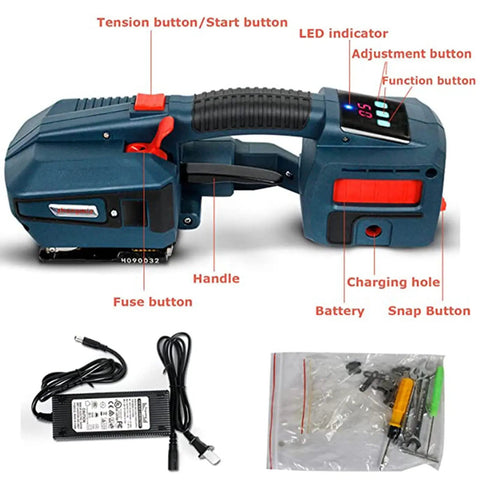 Heavy Duty Electric Strapping Machine With 6000Mah Battery Automatic Handheld Banding Tool For Pet And Pp Straps showing buttons and battery.