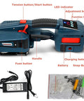 Level Up Your Warehouse Packing With This Rock Solid Electric Strapping Machine Featuring Killer Auto Melting Tough Handheld Comfort And Massive Charge For Pet Pp Straps, showing buttons and connectors.