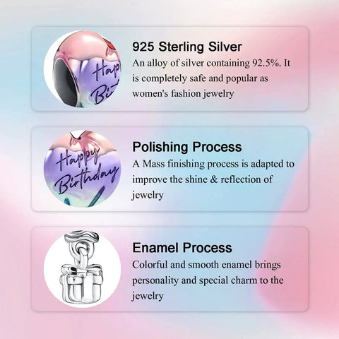 Happy Birthday Hot Air Balloon Charm In 925 Sterling Silver With Enamel Heart Balloon process illustration