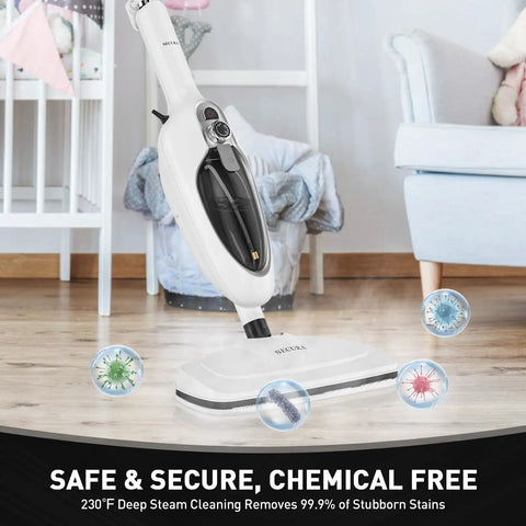 Heavy Hitting 10 In 1 Steam Mop With Detachable Handheld Unit and 3 Reusable Microfiber Pads for quick chemical free cleaning.
