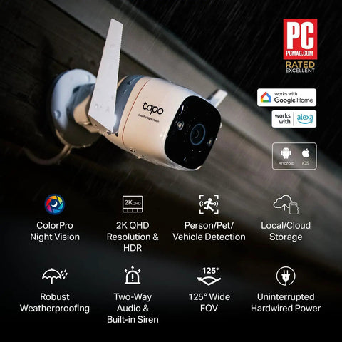ColorPro 2K QHD Outdoor Camera With Daylight Clarity At Night Plug In PoE 127 Degree View in weatherproof mounting