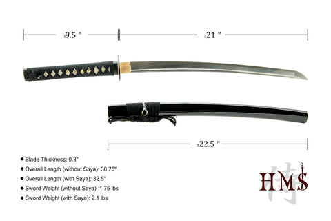 Unsharpened Stainless Steel Wakizashi Iaito For Iaido Practice, 21 Inch Blade With Bo Hi Fuller, sword and black saya