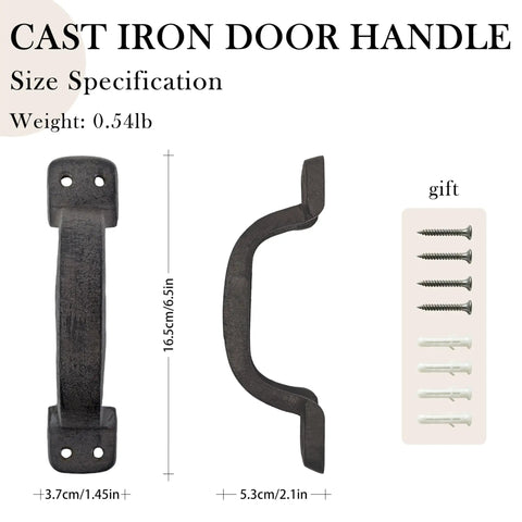 Front and side view of heavy duty cast iron door pull handles set of 2 in black antique finish for sliding doors cabinets and outdoor fences