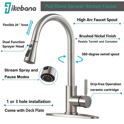 Brushed Nickel Kitchen Faucet With Pull Down Sprayer High Arc Single Handle Stainless Steel Sink Faucet for No Fuss Install details