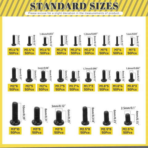 Top Shelf Assorted Metric Micro Screw Kit Packing 1200 Phillips Pan Head Fasteners Across Twenty Four Precision Sizes layout with each size labeled.
