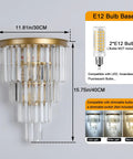Slick Gold Crystal Four Tier Wall Sconce Lighting, E12 sockets, 30x40cm, dimmable K9 crystals, cold to warm light options.