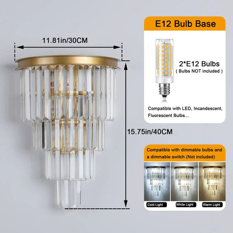 Slick Gold Crystal Four Tier Wall Sconce Lighting, E12 sockets, 30x40cm, dimmable K9 crystals, cold to warm light options.