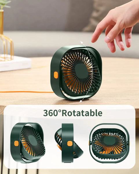 4 Inch USB Desk Fan With 3 Speed Portable Mini Cooling Fan And 360 Degree Rotatable Head, shown on a table with hand adjustment
