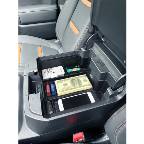 Center Console Organizer Tray For Full Size Trucks Fits Silverado 1500 Sierra 2500HD 3500HD With Bucket Seats Black Durable ABS Plastic Easy Install In Cabin Storage Boost For Your Ride showing organized storage of phone, money, and small items inside truck console.