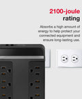 Close-up of 6 Outlet 2 USB Swivel Wall Tap Surge Protector With 2100 Joules, shown against a wall with dual sockets.