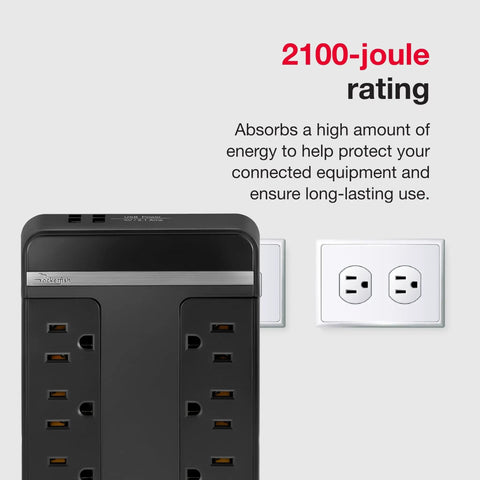 Close-up of 6 Outlet 2 USB Swivel Wall Tap Surge Protector With 2100 Joules, shown against a wall with dual sockets.