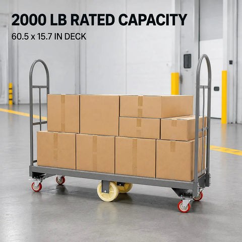 Hella Sturdy Platform Truck With 2000 Pound Capacity And Smooth Six Wheel Rolling Durable Steel Deck Material Handling Cart with boxes