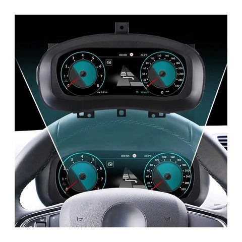 12.3 Inch LCD Dashboard Instrument Panel Replacement For VW Skoda Fabia 2008 2014 Digital Cluster Smart Gauges Speedometer With Built In Circuitry For Stable Idle Performance And Smooth Acceleration Plug And Play Upgrade, shown in steering wheel