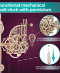 Aero Clock Wooden 3D Puzzle With Pendulum Gravity Powered Clock Kit for Adults featuring detailed mechanics and pendulum design.