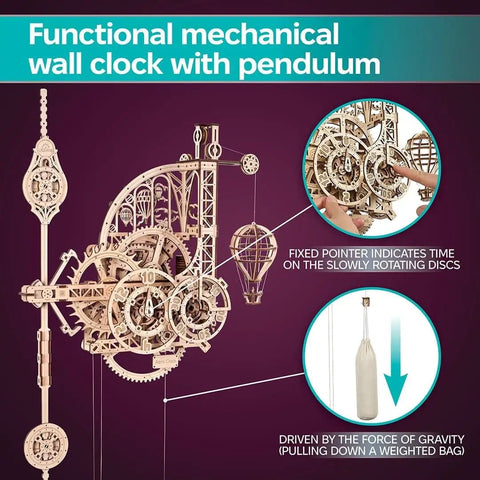 Aero Clock Wooden 3D Puzzle With Pendulum Gravity Powered Clock Kit for Adults featuring detailed mechanics and pendulum design.