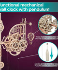 Gravity Powered Aero Clock Kit Wooden 3D Puzzle Wall Clock With Pendulum Gear Driven Time Display Miniature Hot Air Balloon Theme, wall view