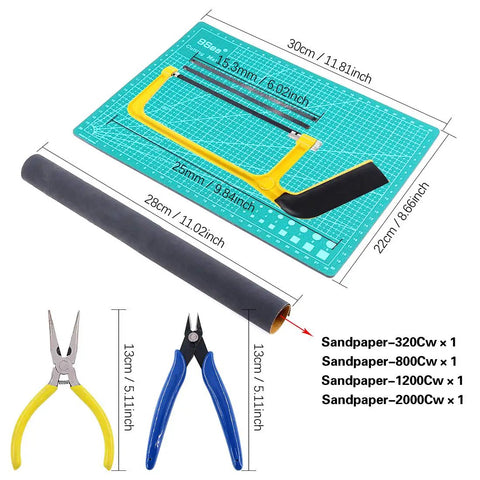 Must-Have 87-Piece Model Tool Kit For Gunpla And Hobby Building Pro Grade Craft Set with cutting pad, saw, pliers, sandpaper.