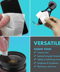 Premoistened lens cleaning wipe used on smartphone screen (front view)
Premoistened lens cleaning wipe used on sunglasses (side view)
Premoistened lens cleaning wipe cleaning a camera lens (close-up)
Graphic panel listing versatile uses for lenses and screens