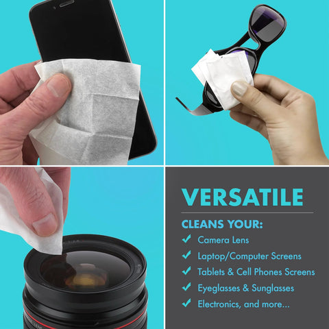 Premoistened lens cleaning wipe used on smartphone screen (front view)
Premoistened lens cleaning wipe used on sunglasses (side view)
Premoistened lens cleaning wipe cleaning a camera lens (close-up)
Graphic panel listing versatile uses for lenses and screens