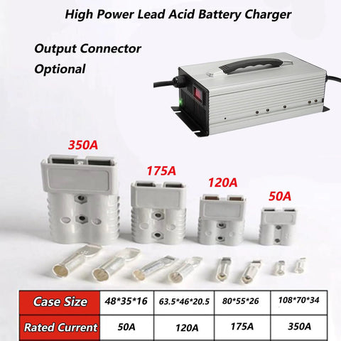 24V 50A Forklift Battery Charger With 50A 120A 175A 350A Anderson Plug For Lead Acid Batteries displayed with connectors