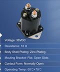 Heavy Duty 36 Volt Golf Cart Solenoid 4 Pin Replacement For Club Car Ds 1976 To 1998 Replaces Oem Part 8016 side view with electrical specs