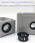 Plastic Snap In Bushing Set, 20 Pcs, 1.125 Inch Mounting Diameter, Fits 27.5 To 28.5 Millimeter Holes, Nylon Knockout Bushings, Inner 0.96 Inch, Outer 1.23 Inch, Black, Durable Quick Install For Panels And Electrical Enclosures. Black nylon snap-in bushings in gray electrical panels