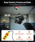 Electric Hoist With 14ft Remote Control 1320 Lbs Capacity 110V Winch lifting engine in garage with safety features visible