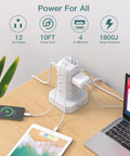Ultimate 12 Outlet Surge Protector Power Strip Tower With a 10 Ft Extension Cord And 4 USB Ports on desk in office setup.