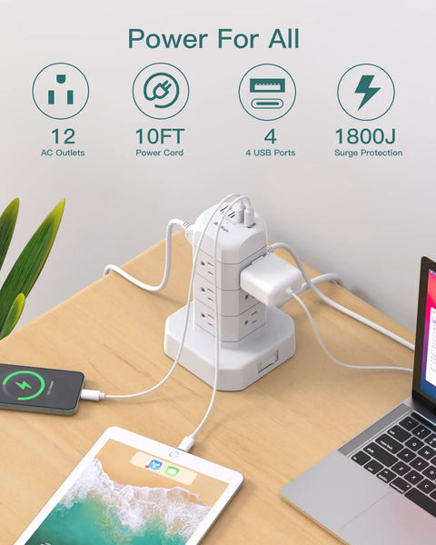 Ultimate 12 Outlet Surge Protector Power Strip Tower With a 10 Ft Extension Cord And 4 USB Ports on desk in office setup.