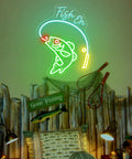 Neon Fishing Sign With Green Fish And Ice Blue Lemon Rods USB Powered Acrylic Wall Art displayed in a nautical-themed room.