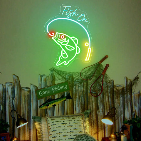 Neon Fishing Sign With Green Fish And Ice Blue Lemon Rods USB Powered Acrylic Wall Art displayed in a nautical-themed room.
