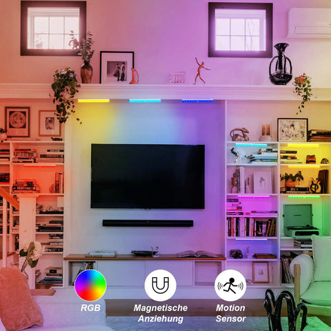 Living room with 24 LED RGBW Under Cabinet Light With Motion Sensor And USB Rechargeable Battery Color Changing Mood Lighting