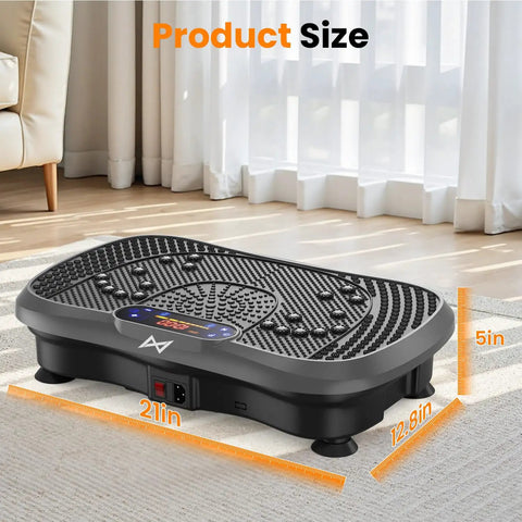 Vibration Plate Fitness Platform For Full Body Workout shown with dimensions in a home setting