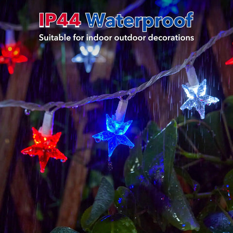 Lit Fourth Of July Decor Red White Blue Stars String Lights 17Ft 50 LED Waterproof Connectable Patriotic Fairy Lights