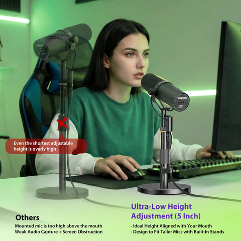Ultra Low Desk Mic Stand With 5 Inch Adjustable Height All Metal Construction 6.6 Lbs Load Capacity Compact Tabletop Microphone Stand For Shure SM7B MV7 Yeti PodMic Rode PodMic MAONO For Pros And More, used by woman in home studio setup.