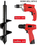 4 Inch By 12 Inch Garden Auger Drill Bit With Electric and Cordless Drills Displayed for Planting Bulbs and Flower Beds