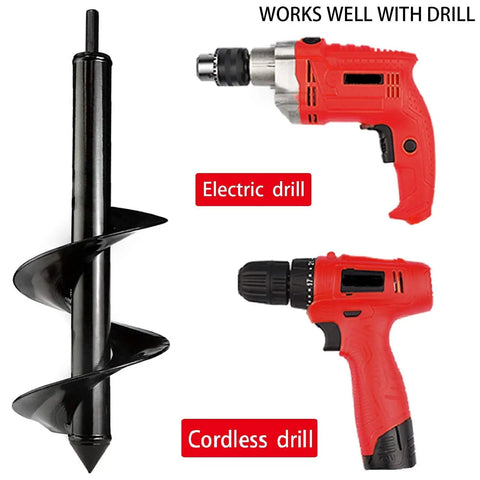 4 Inch By 12 Inch Garden Auger Drill Bit With Electric and Cordless Drills Displayed for Planting Bulbs and Flower Beds