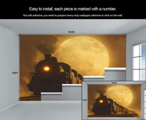 Massive Wall Mural 196 Inch By 118 Inch Silk Cloth Wallpaper Not Peel And Stick Vintage Locomotive HD Photo For Bedroom