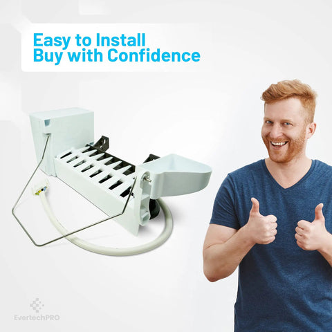 Image of Ice Maker Replacement Kit For Frigidaire Refrigerators Fits CFD26SDS0 CFD27SDPS0 CFD28SDS9 showing DIY installation and a smiling man.
