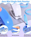 4 Pack Handy Mini Hole Punch Set 6mm Single Hole Punchers, blue punch close-up, punching paper, craft office tool demonstration