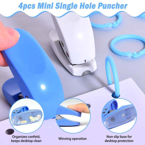 4 Pack Handy Mini Hole Punch Set 6mm Single Hole Punchers, blue punch close-up, punching paper, craft office tool demonstration