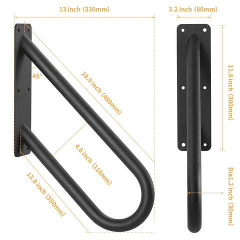 Built Tough Heavy Duty Metal Handrails U Shaped Safety Grab Bars Featuring Non Slip Black Powder Coating For Rugged Wall Mount Outdoor Indoor Stairs Porch Access, 13 inch, black metal dimensions shown.