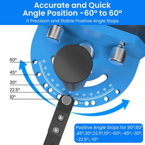 Top Shelf Table Saw Miter Gauge With Dead On Micro Adjustable Flip Stop, Extended Track Fence, Quick Angle Lock showing angle positions from -60° to 60°.