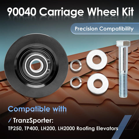 Roofing Hoist Carriage Wheel Kit For TP250 TP400 And LH200 LH2000 Elevators Replaces Part 90040, includes bolt and washers.
