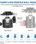 Diagram showing comparison of heavy duty tripod ball head with one quarter inch Arca Swiss quick release plate aluminum mount.
