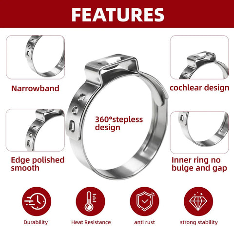 Features of 250 Piece Single Ear Hose Clamp Kit with 360° stepless design, narrowband, and cochlear design clamps.