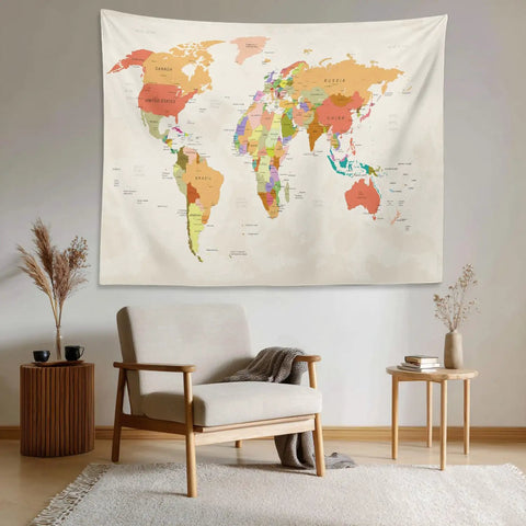 World Map Tapestry For Kids And Students Vintage Colorful Geography Wall Hanging USA Africa Europe Educational Decor For School Classroom Dorm Room 39 By 59 Inches Red Beige Yellow