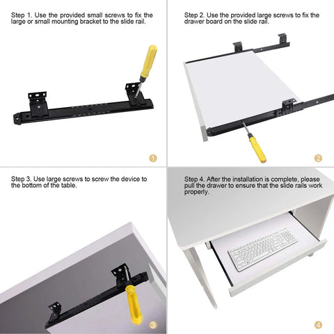 Installation steps for Rock Solid Heavy Duty Steel Under Desk Keyboard Tray Slide Rails, Adjustable Height Ball Bearing Glides, Smooth As Butter Tracking For Your Home Office Setup, Black Pack Of Four.